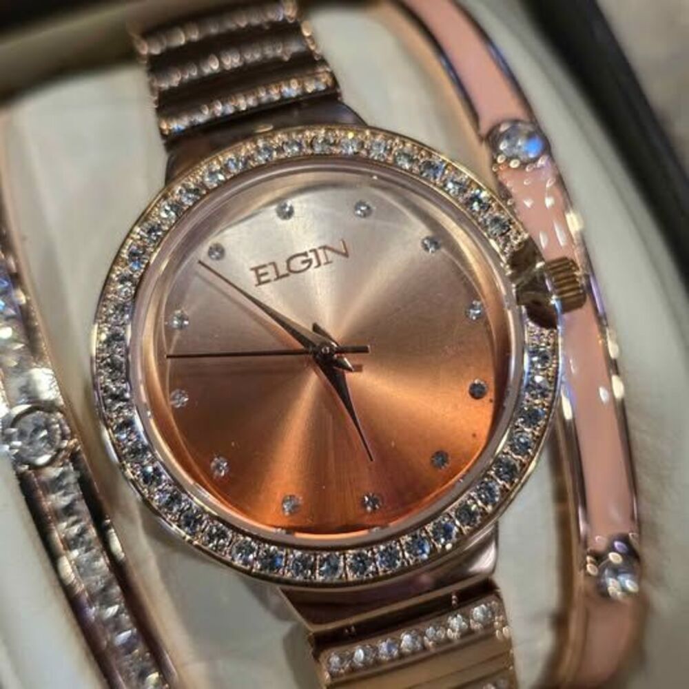 Elgin Women's Rose Gold Tone Watch and Bracelet Set